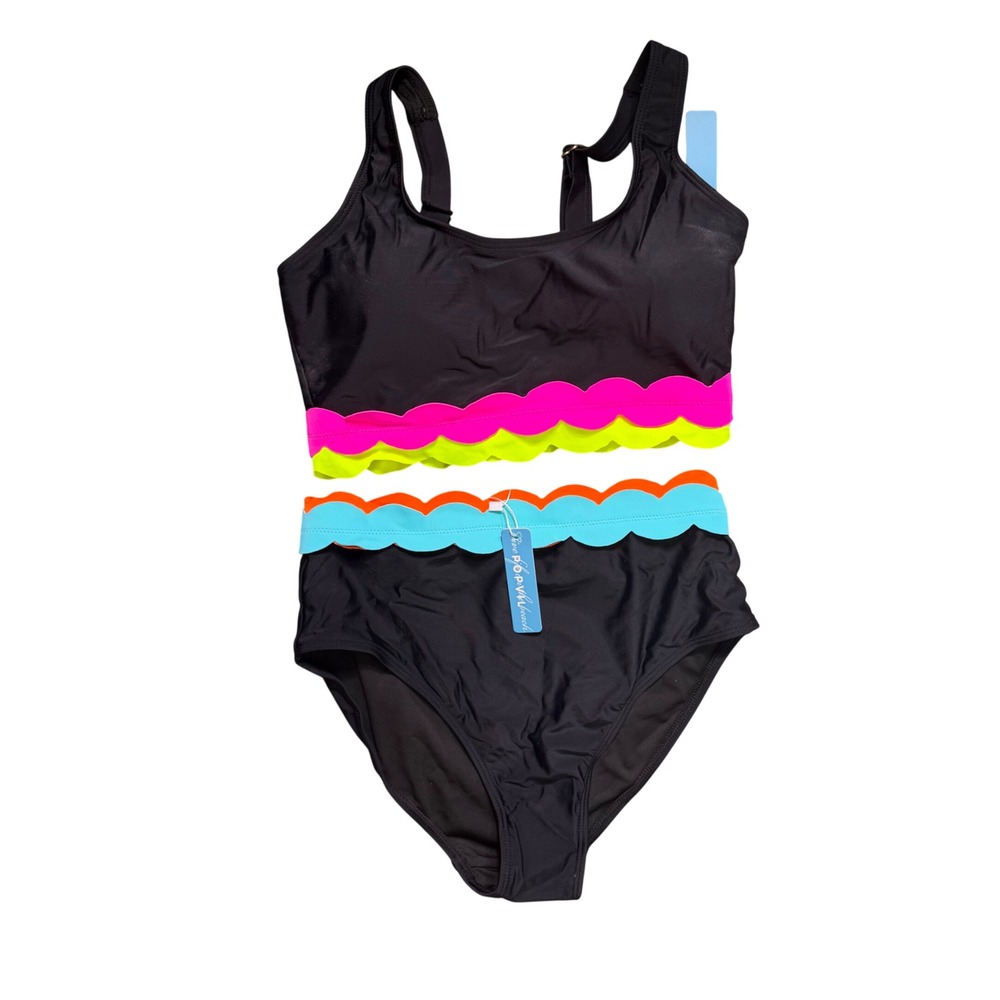 NWT Popvil Neon Scalloped Bikini Set High Waist Sporty Black Small - Picture 5 of 7